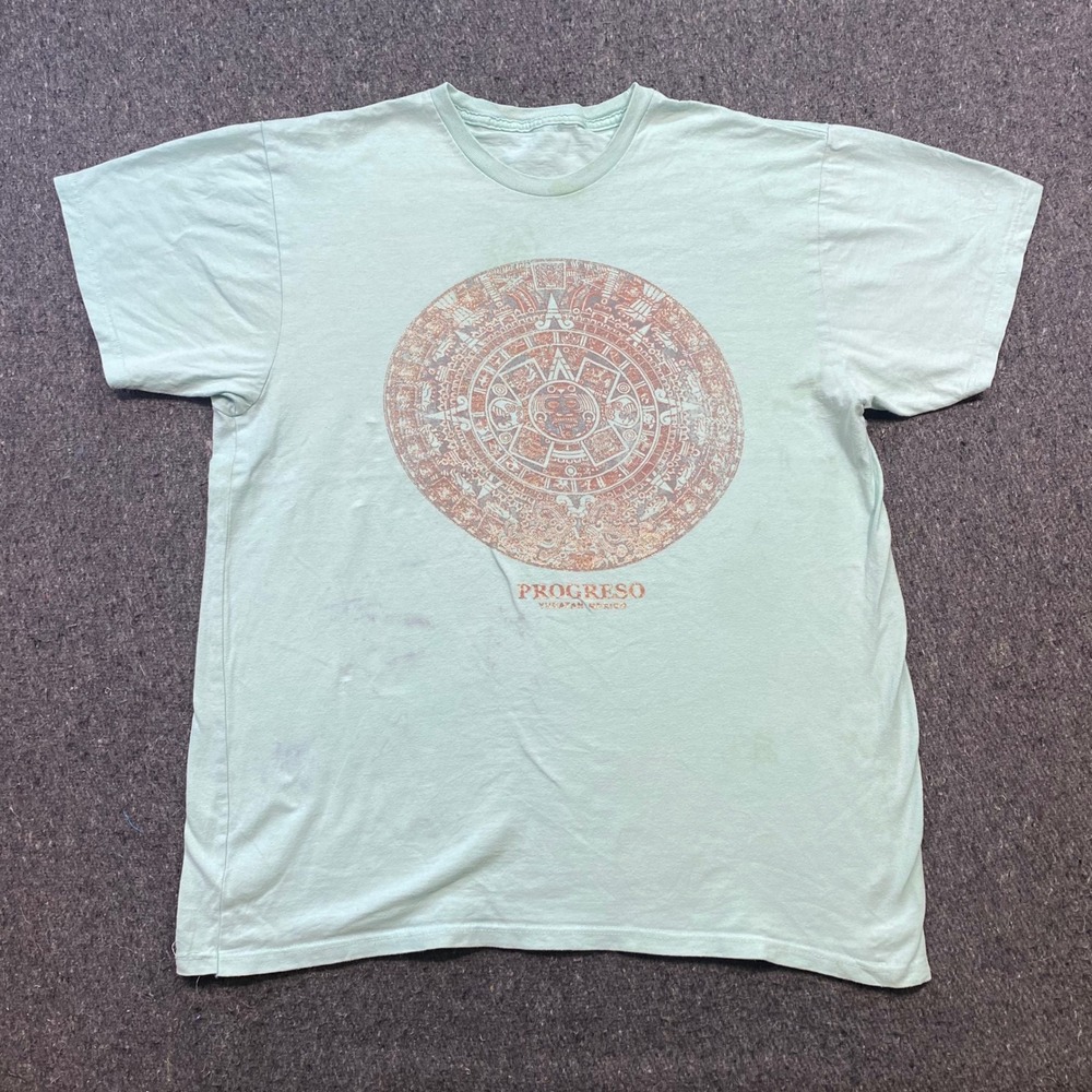 Progreso Yucatan Mexico Aztec Calendar TShirt Sz L Mens Mint Green Souvenir Boho